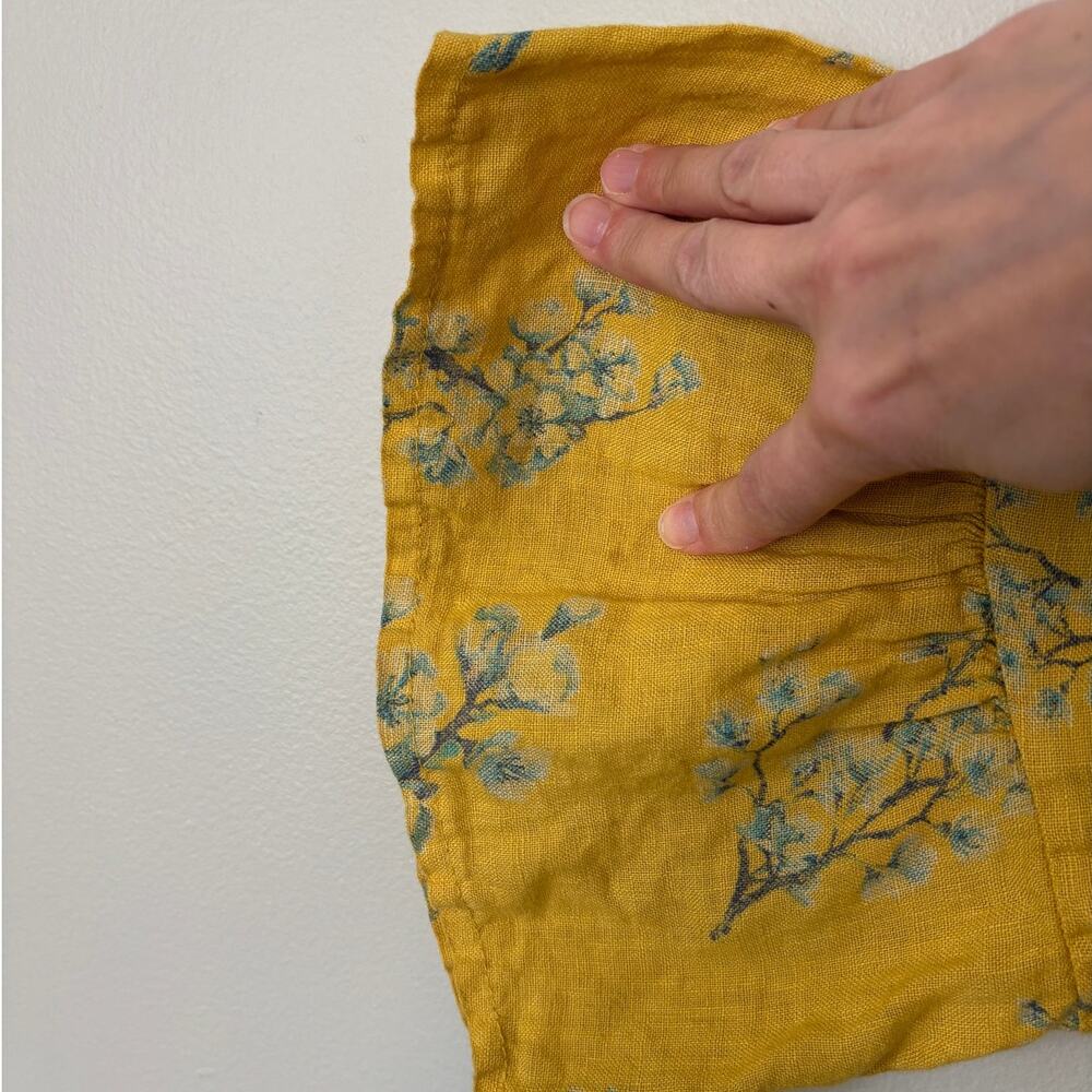Italian Linen Floral Peplum Blouse Top Mustard Yellow Botanical Cottagecore - Picture 7 of 7
